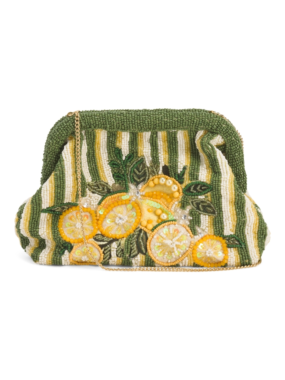 Green Beaded Lemon Embroidered Clutch with Gold Chain
